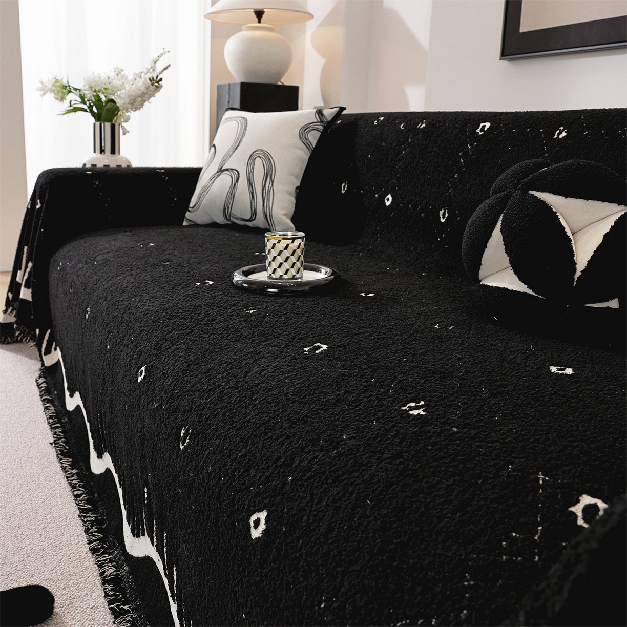 91家纺网 家纺一手货源 找家纺 共鸣沙发垫 2025新款半边绒沙发巾 半边绒黑色