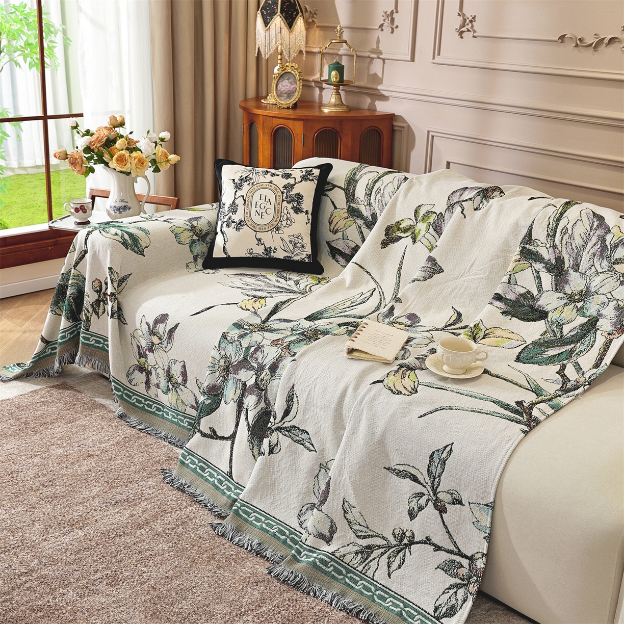 91家纺网 家纺一手货源 找家纺 共鸣沙发垫 2025新款棉纱提花沙发巾 花开富贵