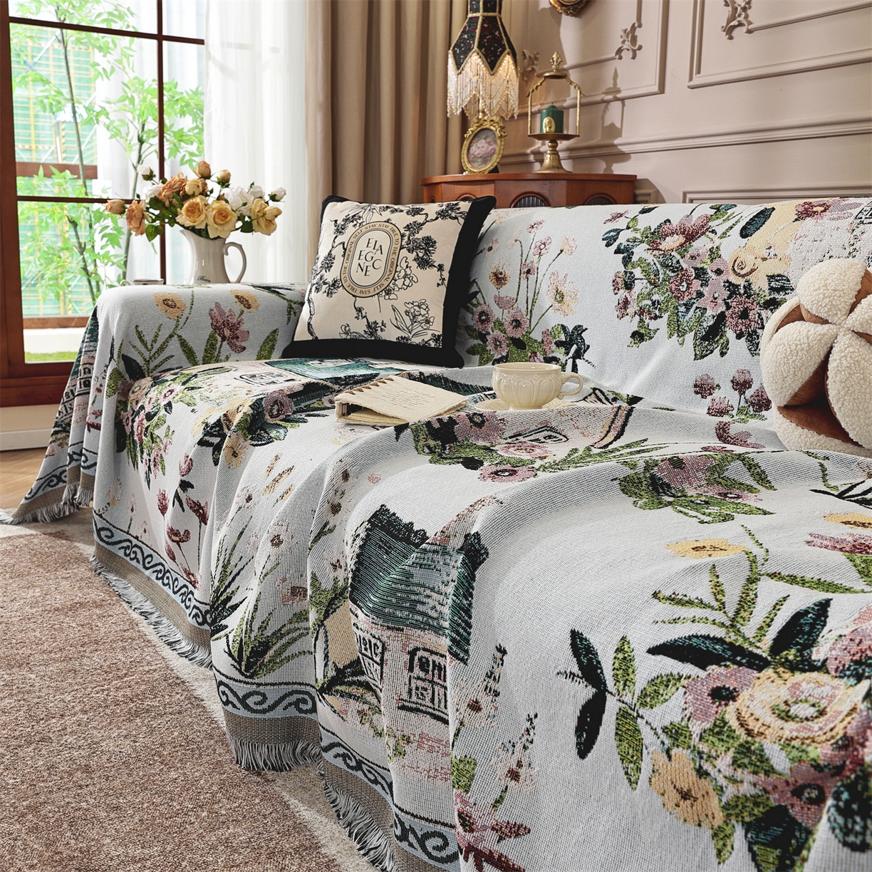 91家纺网 家纺一手货源 找家纺 共鸣沙发垫 2025新款棉纱提花沙发巾 田园小镇