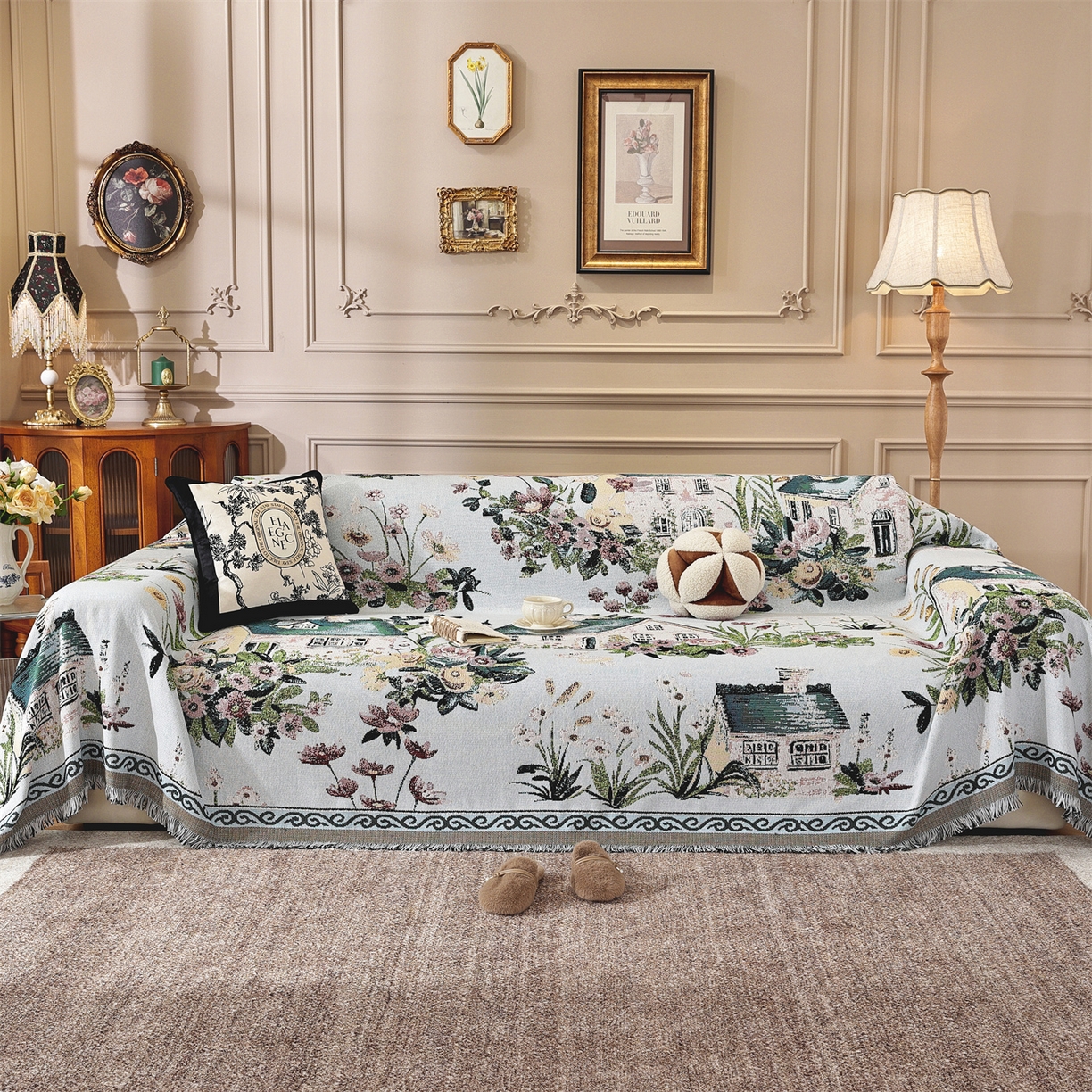 91家纺网 家纺一手货源 找家纺 共鸣沙发垫 2025新款棉纱提花沙发巾 田园小镇