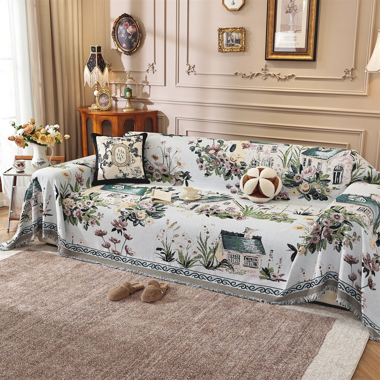 91家纺网 家纺一手货源 找家纺 共鸣沙发垫 2025新款棉纱提花沙发巾 田园小镇