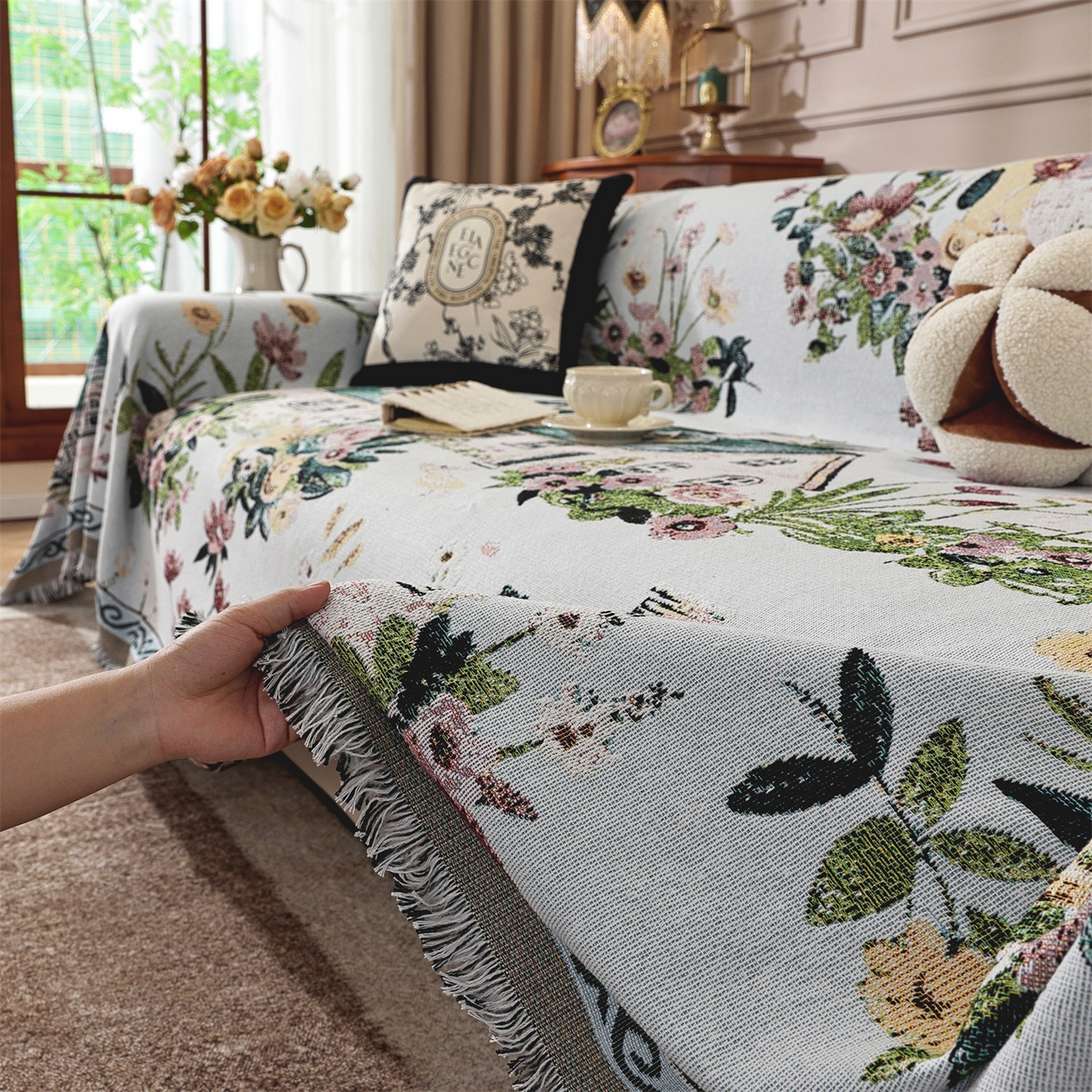 91家纺网 家纺一手货源 找家纺 共鸣沙发垫 2025新款棉纱提花沙发巾 田园小镇