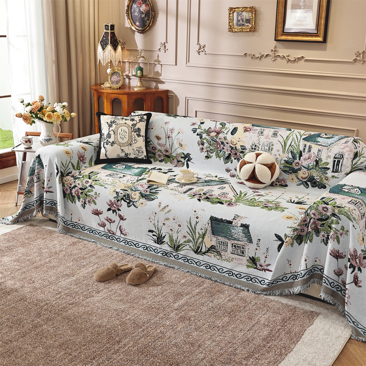 91家纺网 家纺一手货源 找家纺 共鸣沙发垫 2025新款棉纱提花沙发巾 田园小镇