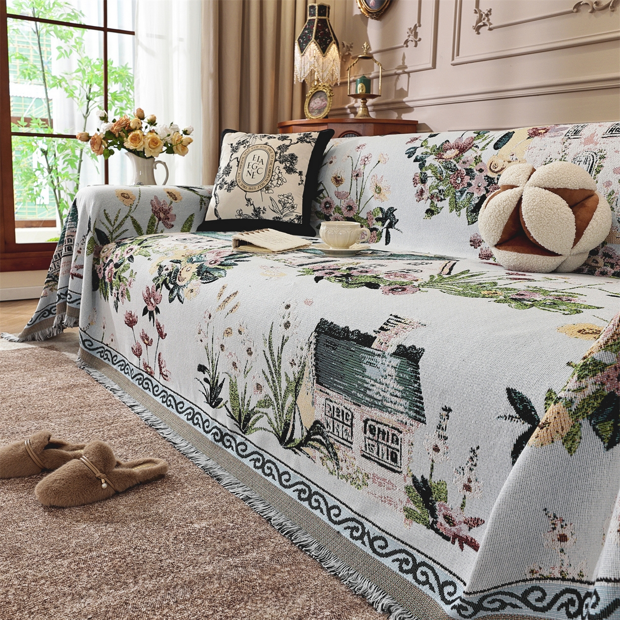 91家纺网 家纺一手货源 找家纺 共鸣沙发垫 2025新款棉纱提花沙发巾 田园小镇