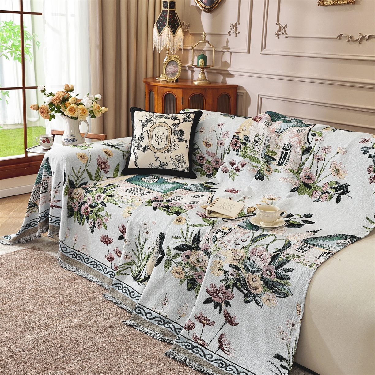 91家纺网 家纺一手货源 找家纺 共鸣沙发垫 2025新款棉纱提花沙发巾 田园小镇