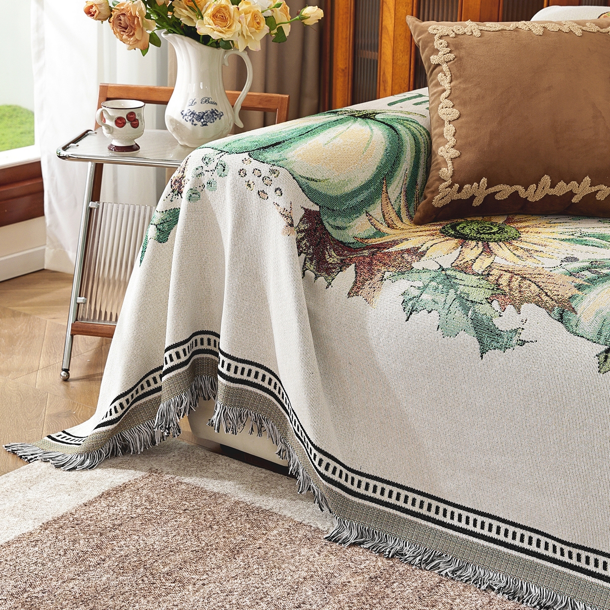 91家纺网 家纺一手货源 找家纺 共鸣沙发垫 2025新款棉纱提花沙发巾 田园小镇