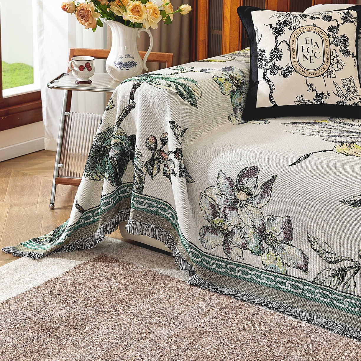 91家纺网 家纺一手货源 找家纺 共鸣沙发垫 2025新款棉纱提花沙发巾 花开富贵