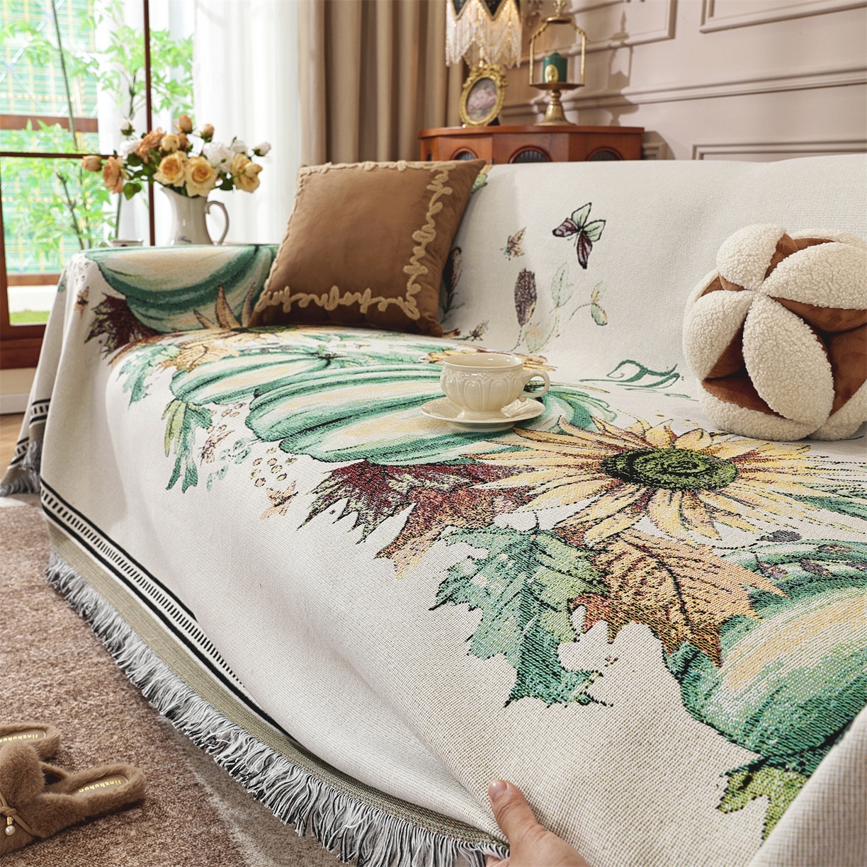 91家纺网 家纺一手货源 找家纺 共鸣沙发垫 2025新款棉纱提花沙发巾 硕果累累