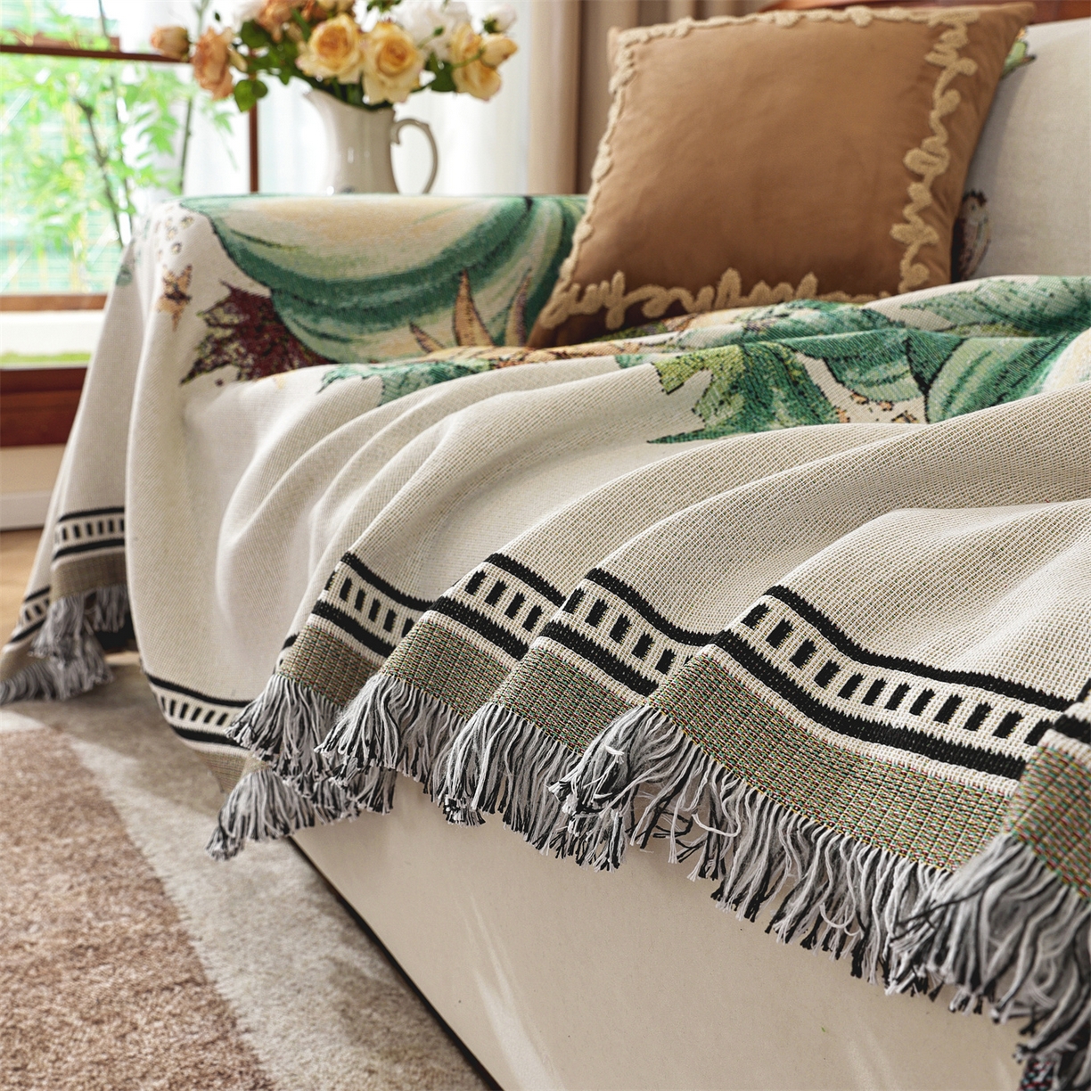 91家纺网 家纺一手货源 找家纺 共鸣沙发垫 2025新款棉纱提花沙发巾 硕果累累