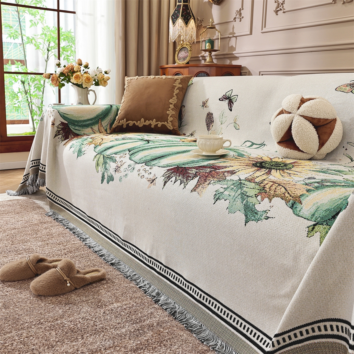 91家纺网 家纺一手货源 找家纺 共鸣沙发垫 2025新款棉纱提花沙发巾 硕果累累