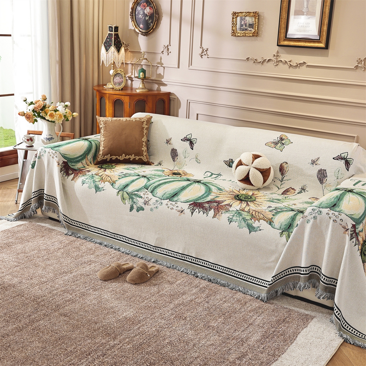 91家纺网 家纺一手货源 找家纺 共鸣沙发垫 2025新款棉纱提花沙发巾 硕果累累