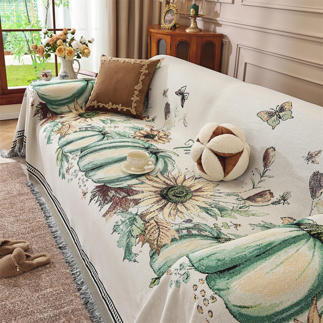 91家纺网 家纺一手货源 找家纺 共鸣沙发垫 2025新款棉纱提花沙发巾 硕果累累