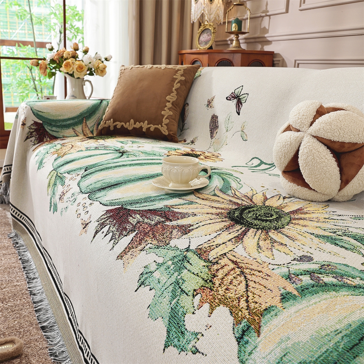 91家纺网 家纺一手货源 找家纺 共鸣沙发垫 2025新款棉纱提花沙发巾 硕果累累