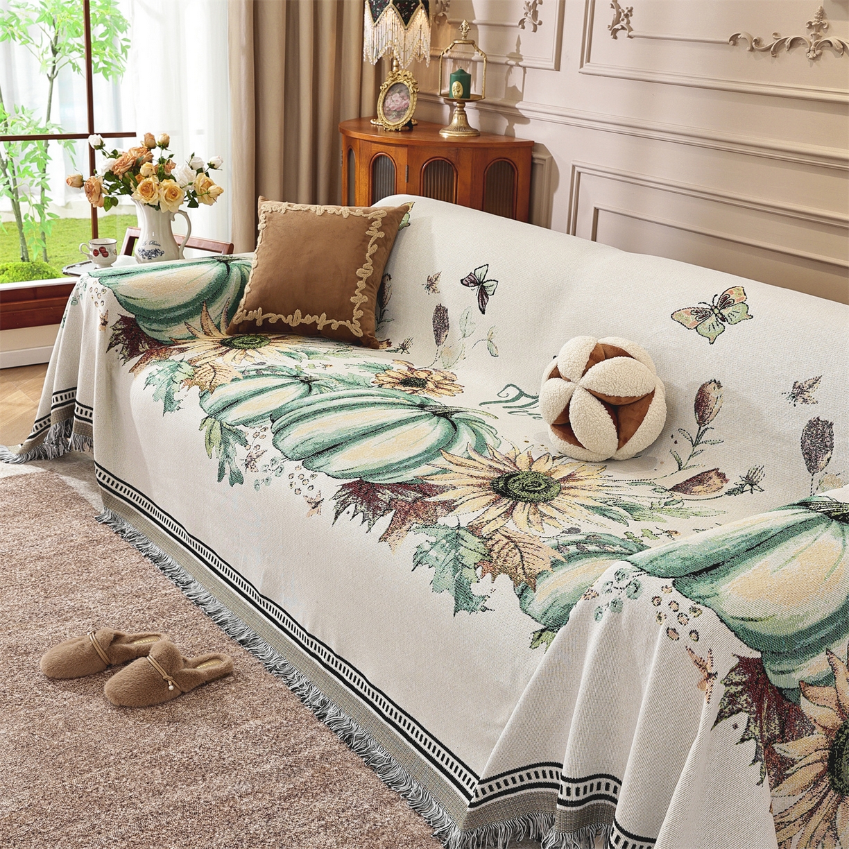 91家纺网 家纺一手货源 找家纺 共鸣沙发垫 2025新款棉纱提花沙发巾 硕果累累