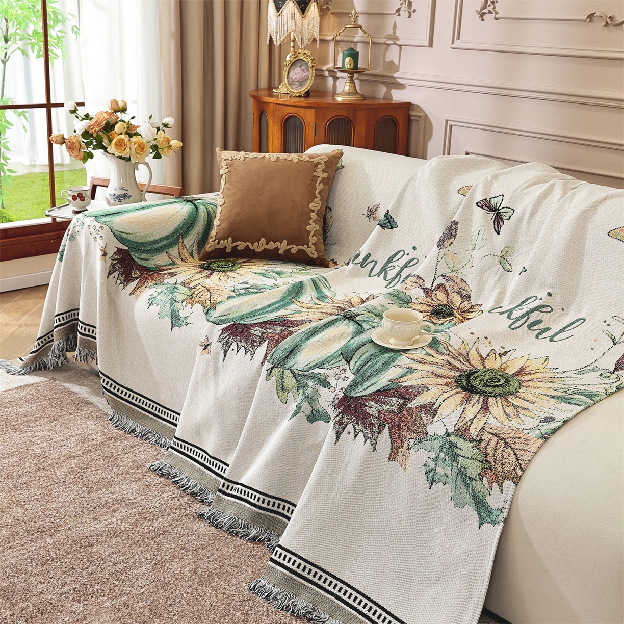 91家纺网 家纺一手货源 找家纺 共鸣沙发垫 2025新款棉纱提花沙发巾 硕果累累