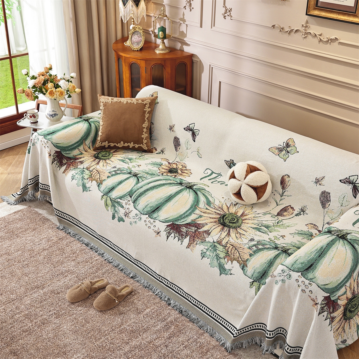 91家纺网 家纺一手货源 找家纺 共鸣沙发垫 2025新款棉纱提花沙发巾 硕果累累