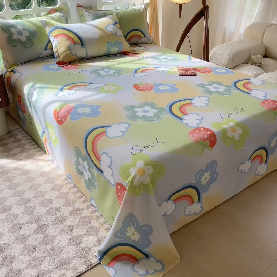 91家纺网 家纺一手货源 找家纺 眠博士 2025新款全棉混纺生态磨毛印花单床单 磨毛床单-彩虹草莓