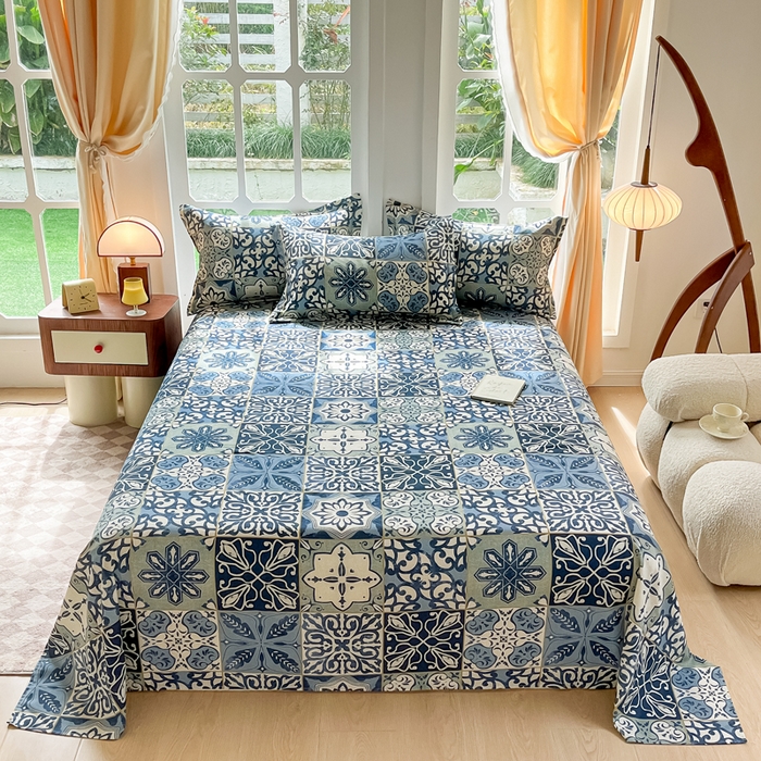 91家纺网 家纺一手货源 找家纺 眠博士 2025新款全棉混纺生态磨毛印花单床单 磨毛床单-浪漫蓝布