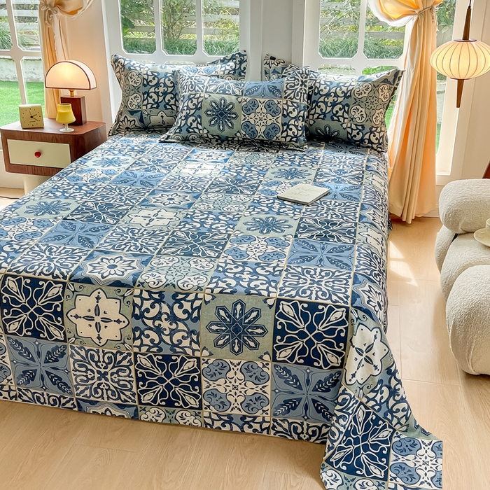 91家纺网 家纺一手货源 找家纺 眠博士 2025新款全棉混纺生态磨毛印花单床单 磨毛床单-浪漫蓝布