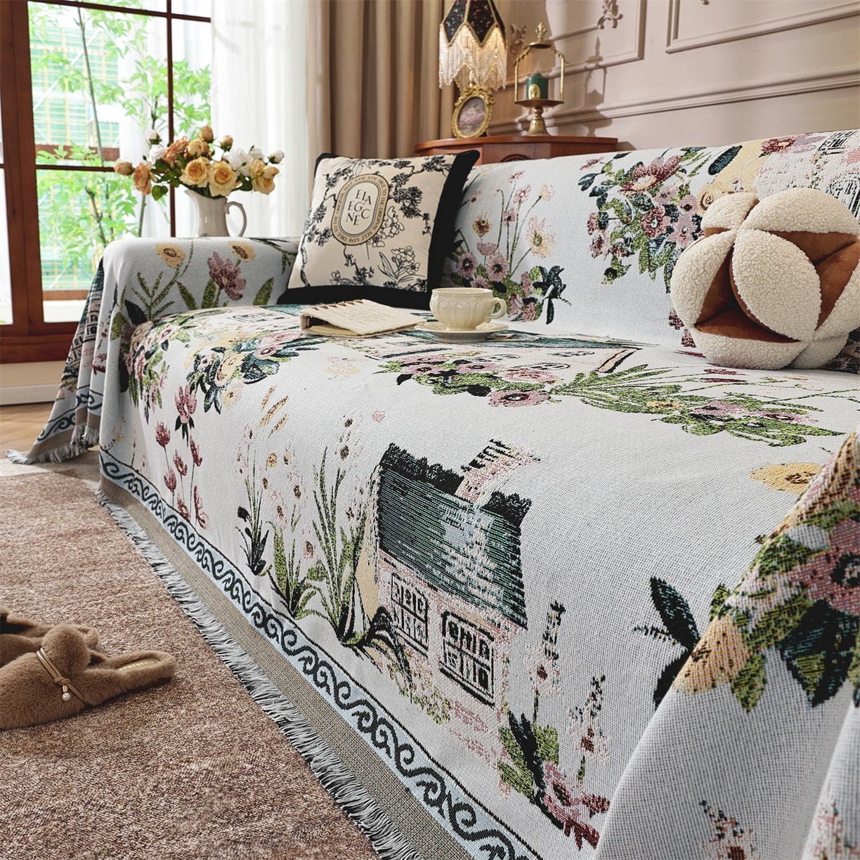 91家纺网 家纺一手货源 找家纺 共鸣沙发垫 2025新款棉纱提花沙发巾 田园小镇