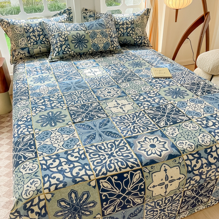 91家纺网 家纺一手货源 找家纺 眠博士 2025新款全棉混纺生态磨毛印花单床单 磨毛床单-浪漫蓝布