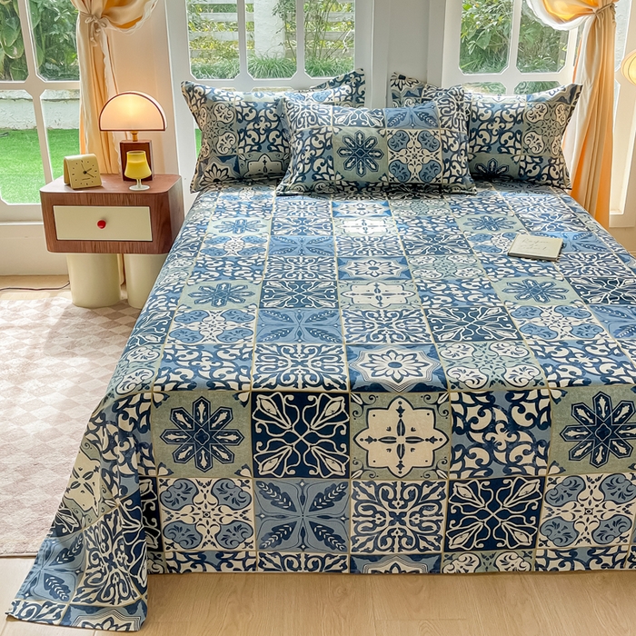 91家纺网 家纺一手货源 找家纺 眠博士 2025新款全棉混纺生态磨毛印花单床单 磨毛床单-浪漫蓝布