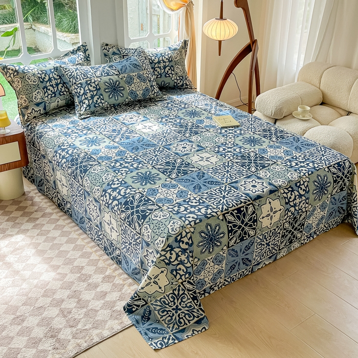 91家纺网 家纺一手货源 找家纺 眠博士 2025新款全棉混纺生态磨毛印花单床单 磨毛床单-浪漫蓝布