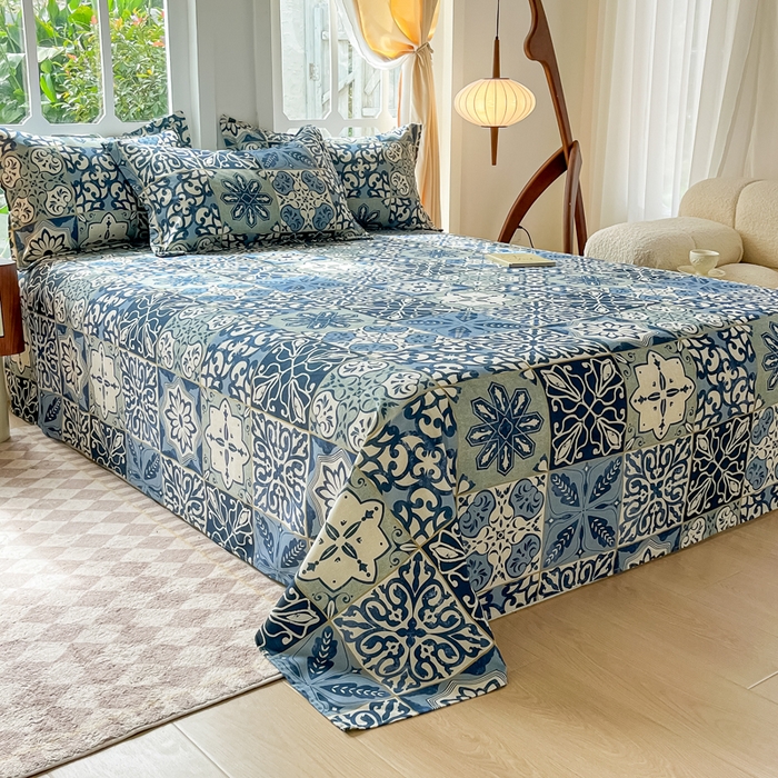 91家纺网 家纺一手货源 找家纺 眠博士 2025新款全棉混纺生态磨毛印花单床单 磨毛床单-浪漫蓝布