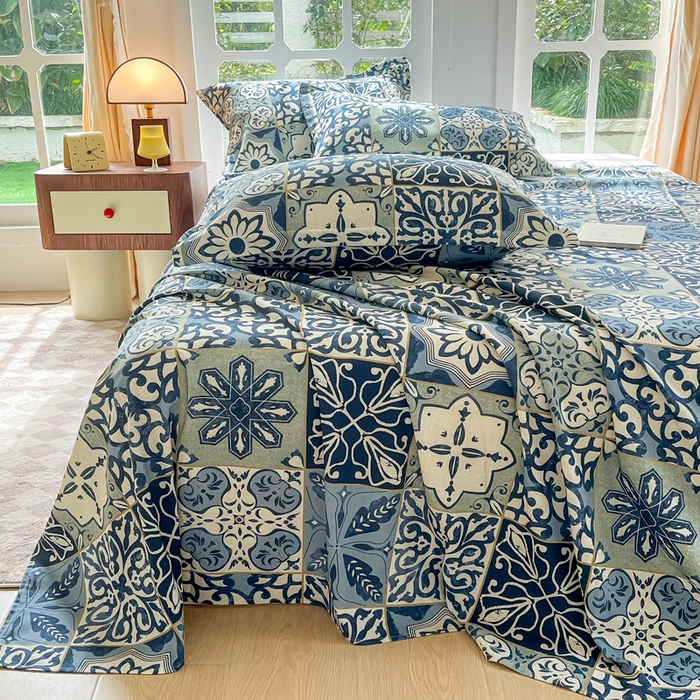 91家纺网 家纺一手货源 找家纺 眠博士 2025新款全棉混纺生态磨毛印花单床单 磨毛床单-浪漫蓝布