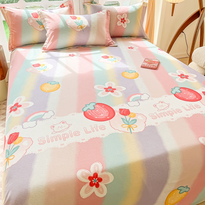 91家纺网 家纺一手货源 找家纺 眠博士 2025新款全棉混纺生态磨毛印花单床单 磨毛床单-七彩草莓