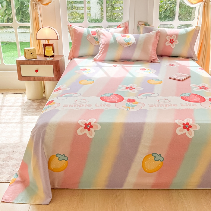 91家纺网 家纺一手货源 找家纺 眠博士 2025新款全棉混纺生态磨毛印花单床单 磨毛床单-七彩草莓