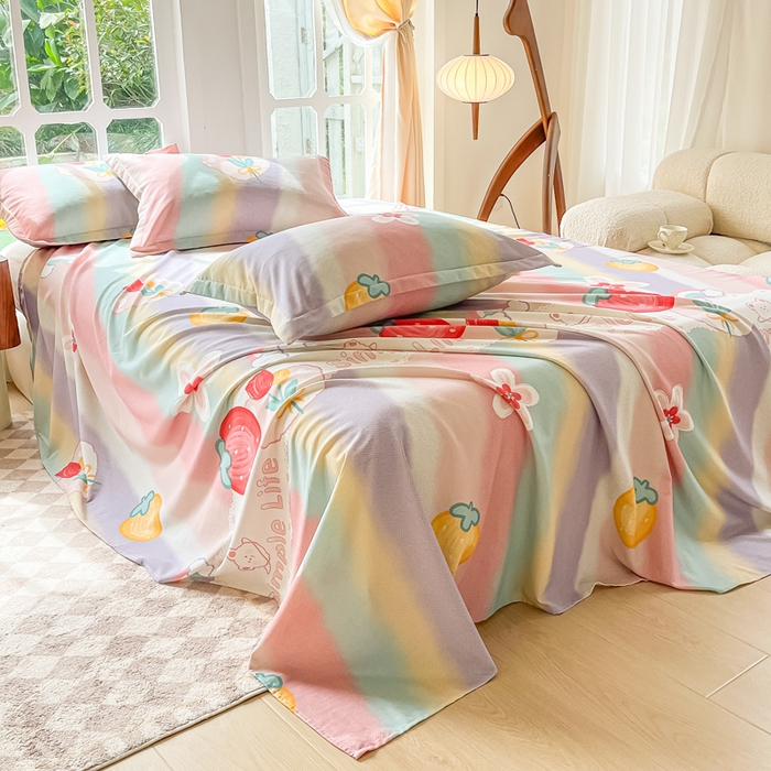 91家纺网 家纺一手货源 找家纺 眠博士 2025新款全棉混纺生态磨毛印花单床单 磨毛床单-七彩草莓