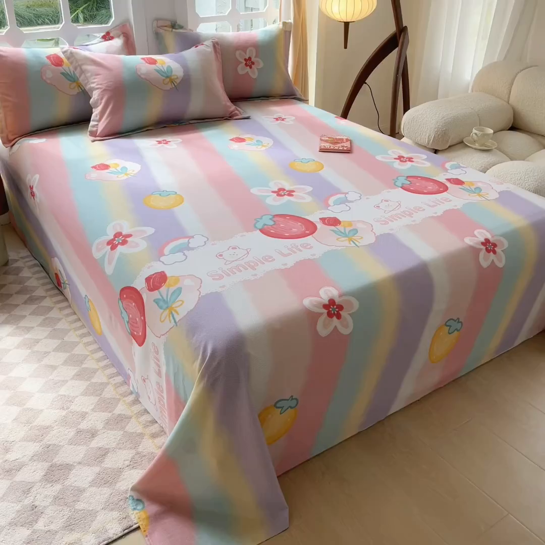91家纺网 家纺一手货源 找家纺 眠博士 2025新款全棉混纺生态磨毛印花单床单 磨毛床单-七彩草莓