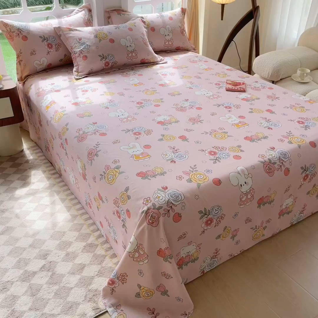 91家纺网 家纺一手货源 找家纺 眠博士 2025新款全棉混纺生态磨毛印花单床单 磨毛床单-兔姑娘