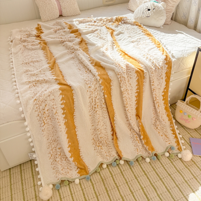 91家纺网 家纺一手货源 找家纺 潮邦创意家居 2025新款250G双色阳离子提花手工小球毯毛毯毯子暖球絮语 暖球絮语-暖橙