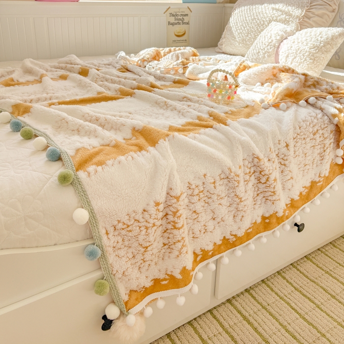 91家纺网 家纺一手货源 找家纺 潮邦创意家居 2025新款250G双色阳离子提花手工小球毯毛毯毯子暖球絮语 暖球絮语-暖橙