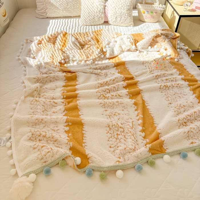 91家纺网 家纺一手货源 找家纺 潮邦创意家居 2025新款250G双色阳离子提花手工小球毯毛毯毯子暖球絮语 暖球絮语-暖橙