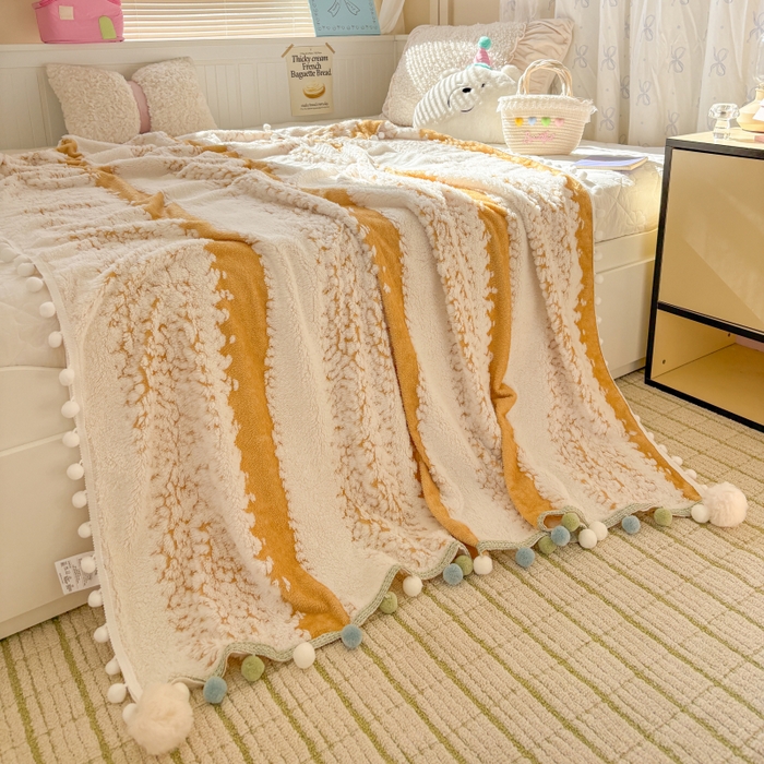 91家纺网 家纺一手货源 找家纺 潮邦创意家居 2025新款250G双色阳离子提花手工小球毯毛毯毯子暖球絮语 暖球絮语-暖橙