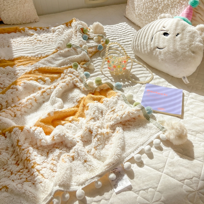 91家纺网 家纺一手货源 找家纺 潮邦创意家居 2025新款250G双色阳离子提花手工小球毯毛毯毯子暖球絮语 暖球絮语-暖橙