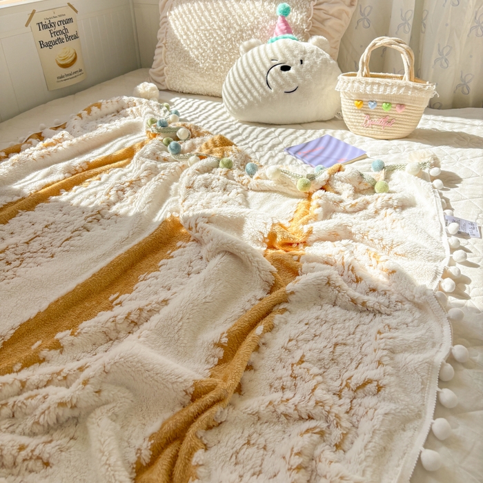 91家纺网 家纺一手货源 找家纺 潮邦创意家居 2025新款250G双色阳离子提花手工小球毯毛毯毯子暖球絮语 暖球絮语-暖橙