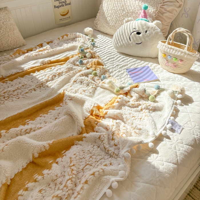 91家纺网 家纺一手货源 找家纺 潮邦创意家居 2025新款250G双色阳离子提花手工小球毯毛毯毯子暖球絮语 暖球絮语-暖橙