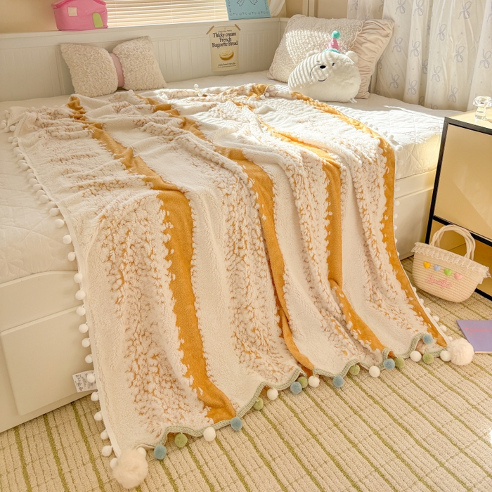 91家纺网 家纺一手货源 找家纺 潮邦创意家居 2025新款250G双色阳离子提花手工小球毯毛毯毯子暖球絮语 暖球絮语-暖橙