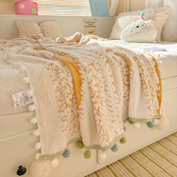 91家纺网 家纺一手货源 找家纺 潮邦创意家居 2025新款250G双色阳离子提花手工小球毯毛毯毯子暖球絮语 暖球絮语-暖橙