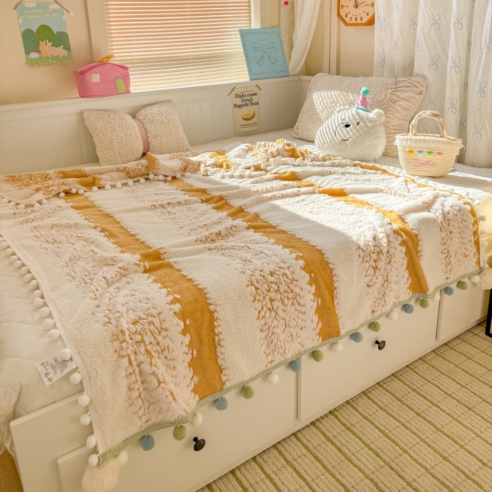 91家纺网 家纺一手货源 找家纺 潮邦创意家居 2025新款250G双色阳离子提花手工小球毯毛毯毯子暖球絮语 暖球絮语-暖橙