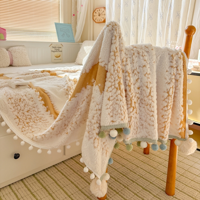 91家纺网 家纺一手货源 找家纺 潮邦创意家居 2025新款250G双色阳离子提花手工小球毯毛毯毯子暖球絮语 暖球絮语-暖橙