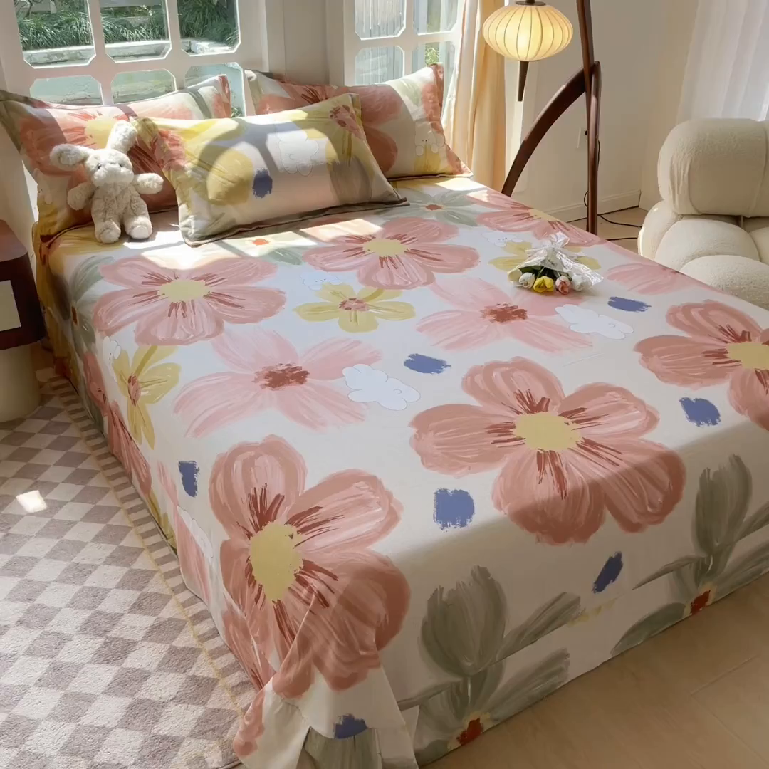 91家纺网 家纺一手货源 找家纺 眠博士 2025新款全棉混纺生态磨毛印花单床单 磨毛床单-油画花