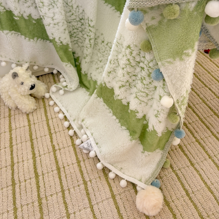 91家纺网 家纺一手货源 找家纺 潮邦创意家居 2025新款250G双色阳离子提花手工小球毯毛毯毯子暖球絮语 暖球絮语-香草绿