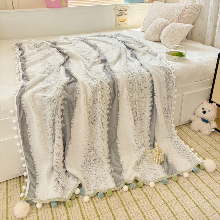 91家纺网 家纺一手货源 找家纺 潮邦创意家居 2025新款250G双色阳离子提花手工小球毯毛毯毯子暖球絮语 暖球絮语-星灰