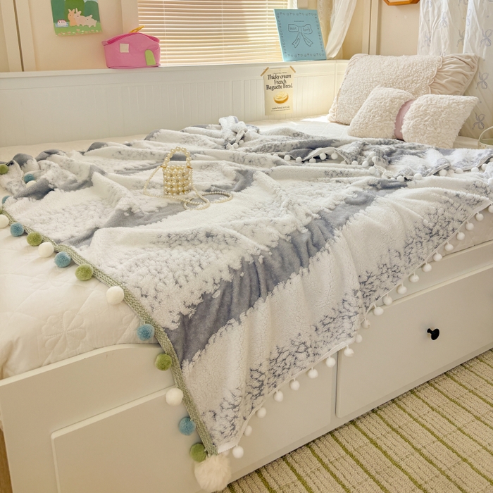 91家纺网 家纺一手货源 找家纺 潮邦创意家居 2025新款250G双色阳离子提花手工小球毯毛毯毯子暖球絮语 暖球絮语-星灰