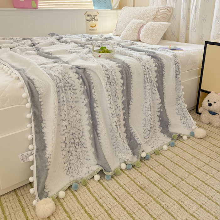 91家纺网 家纺一手货源 找家纺 潮邦创意家居 2025新款250G双色阳离子提花手工小球毯毛毯毯子暖球絮语 暖球絮语-星灰